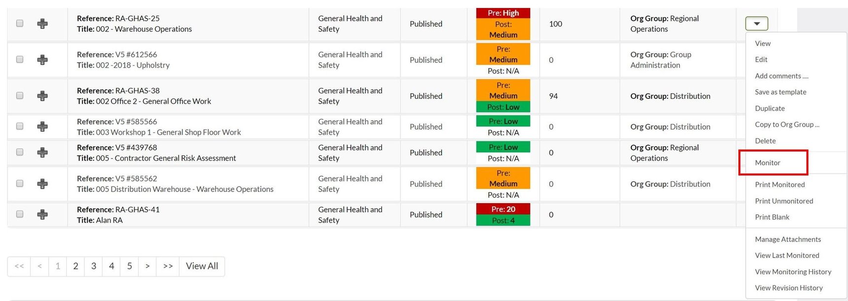 How do I monitor Risk Assessments?